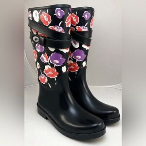 NWOB Coach Trisha II Tall Rain Boots Black Floral Size 7 Red Purple White